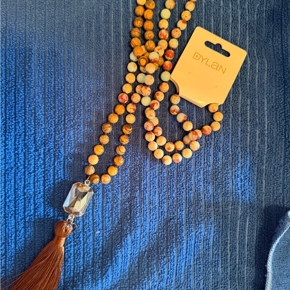 dylan Brown, Cream and Coral Beaded Tassel Necklace